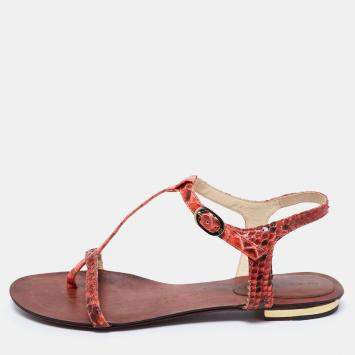 Pre Owned Alexandre Birman Red Python Leather T Strap Flat Sandals Size 38.5