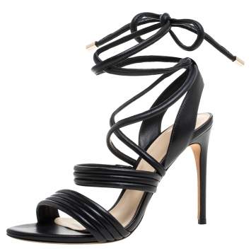 Pre Owned Alexandre Birman Black Leather 'Aurora' Strappy Ankle Wrap Sandals Size 38