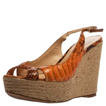 Pre Owned Alexandre Birman Orange Python Leather Wedge Slingback Sandals Size 39.5
