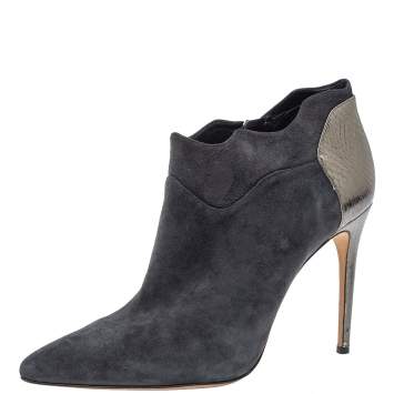 Pre Owned Alexander Birman Grey Suede And Python Embossed Leather Pointed Toe Ankle Booties Size 39