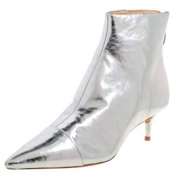 Pre Owned Alexandre Birman Silver Leather Kittie Ankle Boots Size 39