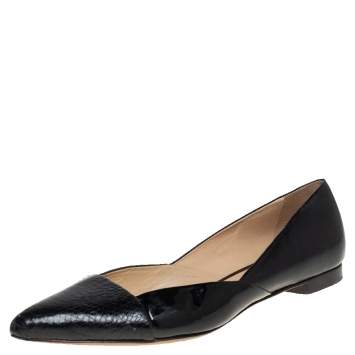 Pre Owned Alexandre Birman Black Python And Patent Leather Pointed Toe Ballet Flats Size 38.5   