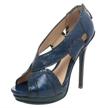Pre Owned Alexandre Birman Blue/Green Python And Leather Peep Toe Platform Pumps Size 38