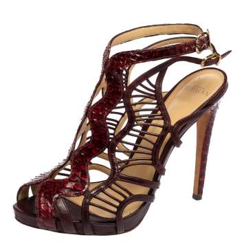 Pre Owned Alexandre Birman Burgundy Python Leather And Leather Caged Zipper Sandals Size 39.5