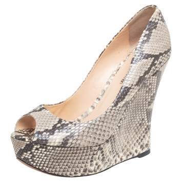 Pre Owned Alexandre Birman Beige Python Leather Peep Toe Wedge Pumps  Size 38.5