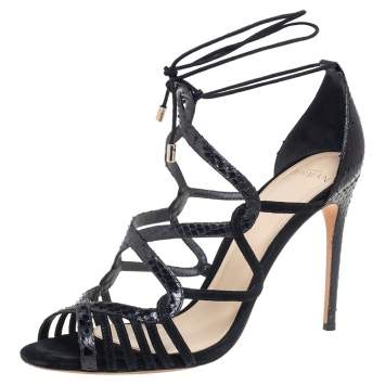 Pre Owned Alexandre Birman Black Python and Suede Strappy Sandals Size 39.5 