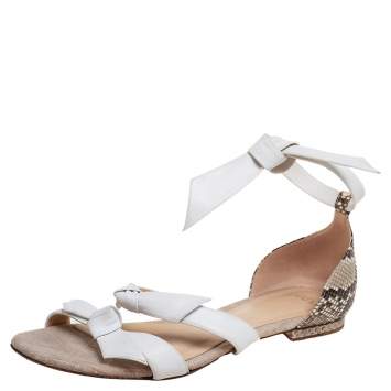 Pre Owned Alexandre Birman White/Brown Python and Knotted Leather Ankle-Wrap Flat Sandals Size 40