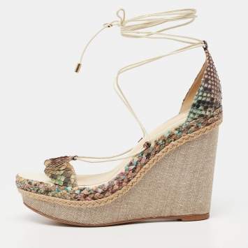 Pre Owned Alexandre Birman Multicolor Python Leather Wedge Ankle Wrap Sandals Size 38