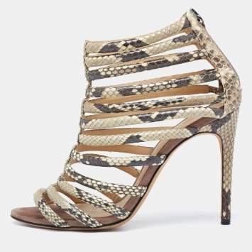 Pre Owned Alexandre Birman Brown/Beige Python Embossed Leather Caged Zipper Sandals Size 37