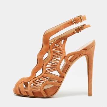 Pre Owned Alexandre Birman Brown Suede Cut Out Peep-Toe Ankle Strap Sandals Size 37