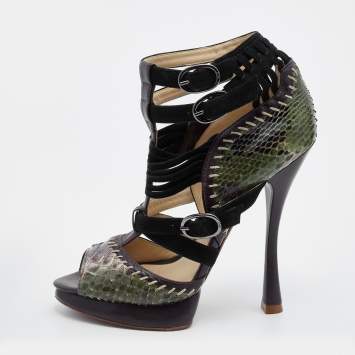 Pre Owned Alexandre Birman Multicolor Python and Leather Peep Toe Platform Sandals Size 38.5