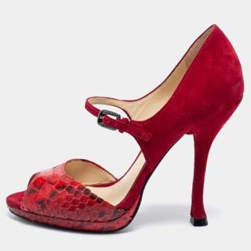 Pre Owned Alexandre Birman Suede And Python Leather Ankle Strap Sandals Size 38.5