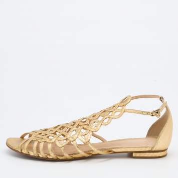 Pre Owned Alexandre Birman Gold Leather Strappy Flat Sandals Size 38