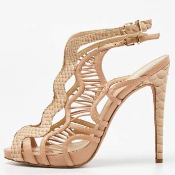 Pre Owned Alexandre Birman Beige Suede Cut Out Peep-Toe Ankle Strap Sandals Size 41