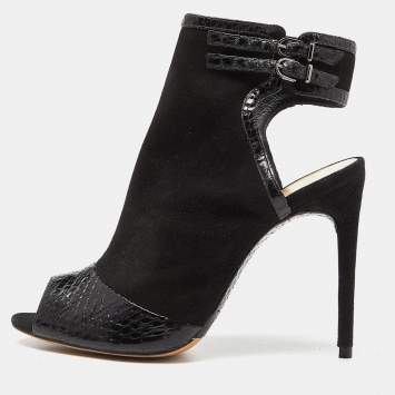 Pre Owned Alexandre Birman Black Suede and  Watersnake Leather Peep Toe Booties Size 37