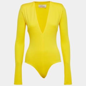 Pre Owned Alexandre Vauthier Yellow V-Neck Stretch Jersey Bodysuit S