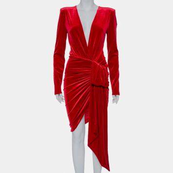 Pre Owned Alexandre Vauthier Red Velvet Plunge Neck Faux Wrap Mini Dress S