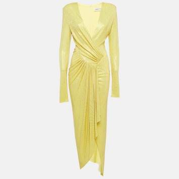 Pre Owned Alexandre Vauthier Yellow Studded Jersey Plunged Maxi Dress S