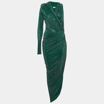 Pre Owned Alexandre Vauthier Green Crystallized Jersey Asymmetric Hooded Dress M
