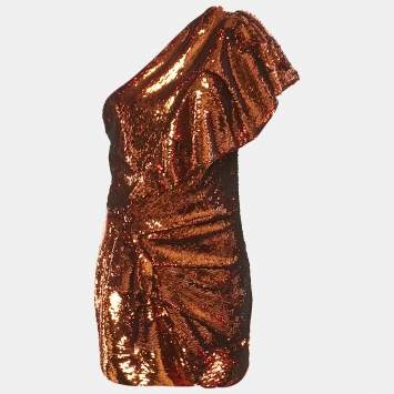 Pre Owned Alexandre Vauthier Metallic Sequin One-Shoulder Ruffled Mini Dress M