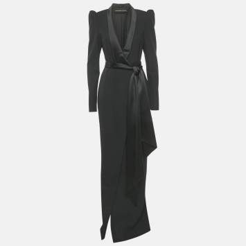 Pre Owned Alexandre Vauthier Black Satin Collar Crepe Tailored Long Dress S
