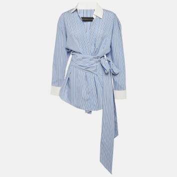 مملوكة مسبقًا Alexandre Vauthier Blue Striped Cotton Wrap Shirt S