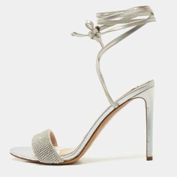 Alexandre Vauthier Silver Leather Crystal Embellished Ankle Wrap Sandals Size 39