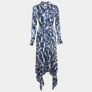 Pre Owned Alexis Blue/White Monogram Satin Asymmetric Marvella Dress XS