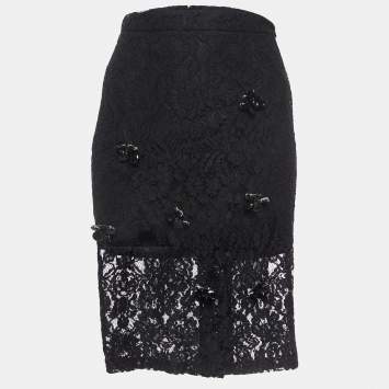 Pre Owned Alexis Black Brooch Embellished Lace Pencil Skirt M