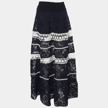 Pre Owned Alexis Navy Blue/White Lace Embroidered Maxi Skirt L