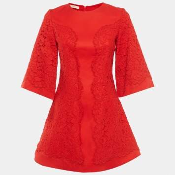 Pre Owned Alexis Red Crepe Guipure Lace Detail Mini Dress S