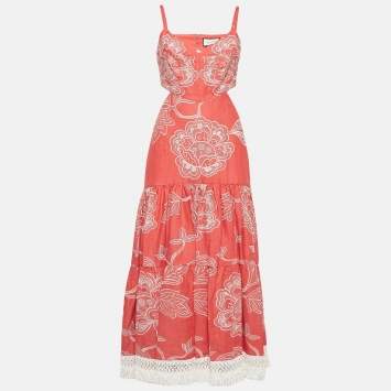 Pre Owned Alexis Coral Orange Embroidered Cotton Midi Dress S