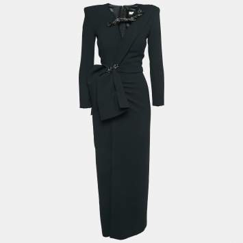 Pre Owned Alfabeta Black Embellished Crepe Pleat Detail Maxi Dress S