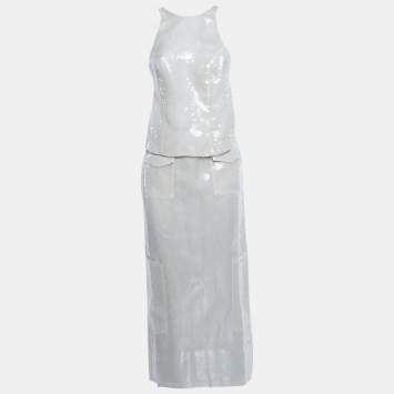 Pre Owned Alfie White Sequin Back-Open Top and Skirt Set S