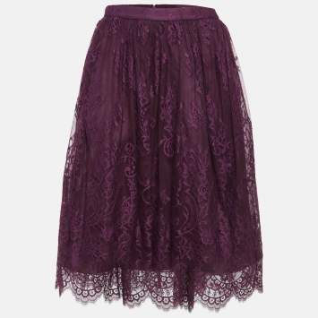Pre Owned Alice + Olivia Purple Floral Pattern Lace Scallop Hem Midi Skirt M