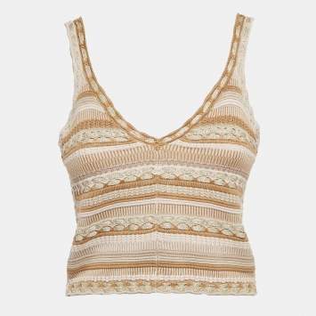 Pre Owned Alice + Olivia Gold/Natural Patterned Lurex and Cotton Knit Crop Top S