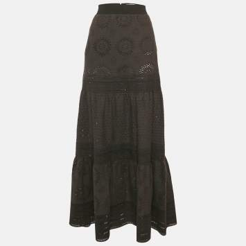 Pre Owned Alice + Olivia Black Broderie Anglaise Cotton Panelled Maxi Skirt M 