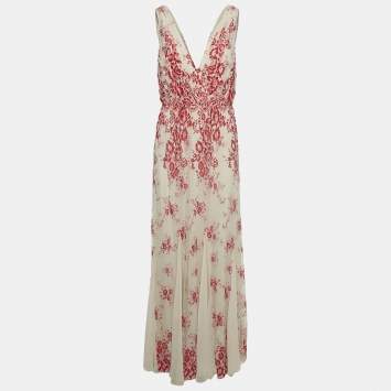 Alice + Olivia Beige/Red Floral Embroidery Lace V-Neck Sleeveless Maxi Dress L