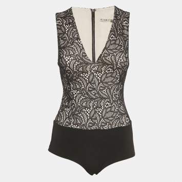 Pre Owned Alice + Olivia Black Zooey Lace V-Neck Bodysuit XS