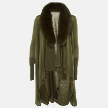 Pre Owned Alice + Olivia Olive Green Wool Detachable Fur Open Front Cardigan XS