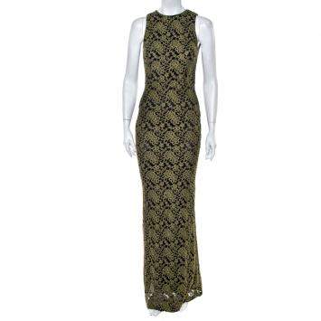 Pre Owned Alice + Olivia Olive Green Embroidered Tulle Open Back Detail Sleeveless Gown S