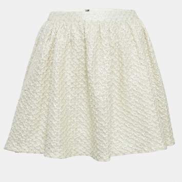 Pre Owned Alice + Olivia Beige Metallic Print Cotton Lace Mini Skirt M