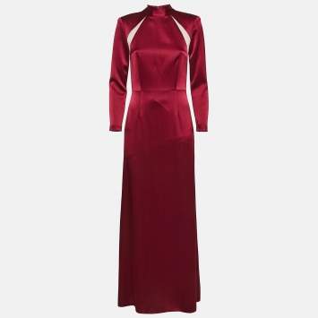Pre Owned Alice + Olivia Burgundy Satin High Neck Maxi Dress S