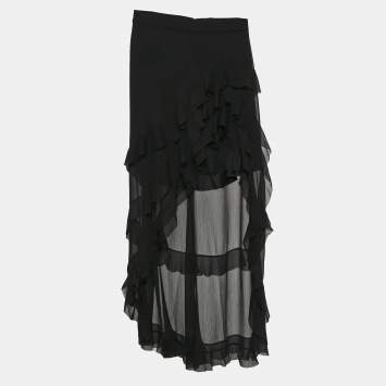 Alice + Olivia Black Crepe Ruffled Asymmetric Skirt S