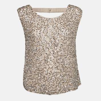 Pre Owned Alice + Olivia Beige Sequin and Beads Embellished Chiffon Sleeveless Top M