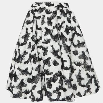 Pre Owned Alice + Olivia White/Black Floral Embroidered Skirt M