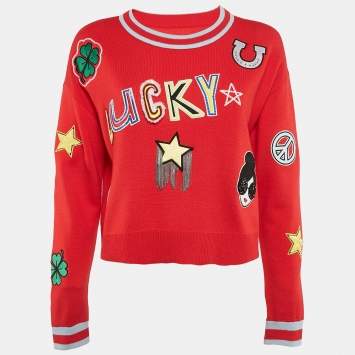 Pre Owned Alice + Olivia Red Wool Applique Detail Gleeson Jumper L