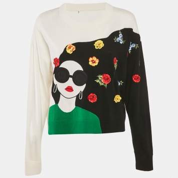 Pre Owned Alice + Olivia Multicolor Embroidered Intarsia Wool Gleeson Jumper M