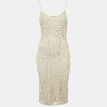 Pre Owned Alice + Olivia Light Gold Crochet Knit Midi Dress S
