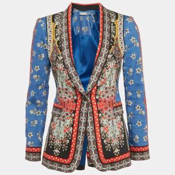 Pre Owned Alice + Olivia Blue/Multicolor Daffodil Scarf Print Linen Blend Macey Blazer S